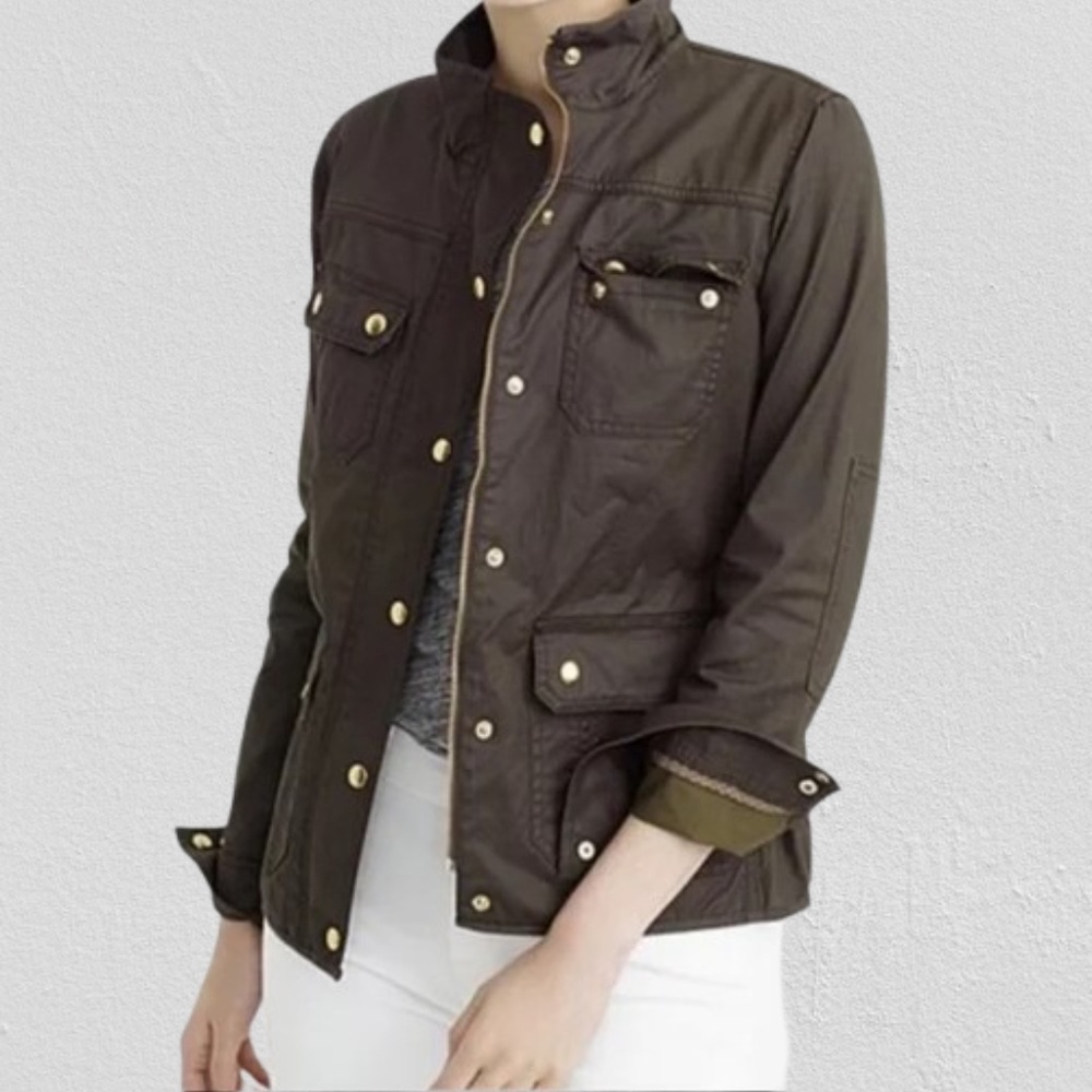 J Crew Downtown Field Jacket Army Green Waxed Cotton w/ Utility Pockets - XS